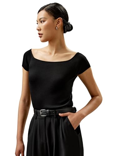 LilySilk Damen 100% Seidenpullover Frauen Schulterfreier kurzärmliger schmaler Pullover(Schwarz,M) von LilySilk