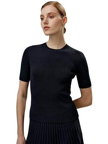 LilySilk Damen 100% Seidenstrickpullover Frauen Kurzarm-Rundhalsausschnitt Seiden-Schlank-T-Shirt(Dunkel Blau,L) von LilySilk