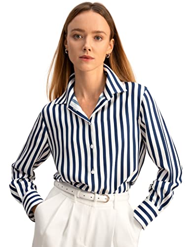 LilySilk Damen Reine Seide Hemd Damen blau weiß Nadelstreifen Bluse mit V-Ausschnitt und Langarm für Arbeit lässig Frühling Sommer Herbst(Blau-Weiß-Nadelstreifen,XS) von LilySilk