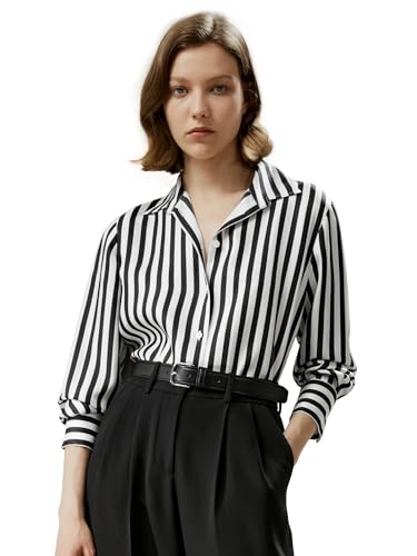 LilySilk Damen Reine Seide Hemd Damen Schwarz weiß Nadelstreifen Bluse mit V-Ausschnitt und Langarm für Arbeit lässig Frühling Sommer Herbst(Schwarz-Weiße Nadelstreifen,M) von LilySilk