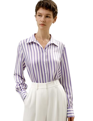 LilySilk Damen 16MM Reine Seide Hemd Damen lila weiß Nadelstreifen Bluse mit V-Ausschnitt und Langarm für Arbeit lässig Frühling Sommer Herbst(Flieder-Weiße Nadelstreifen,M) von LilySilk