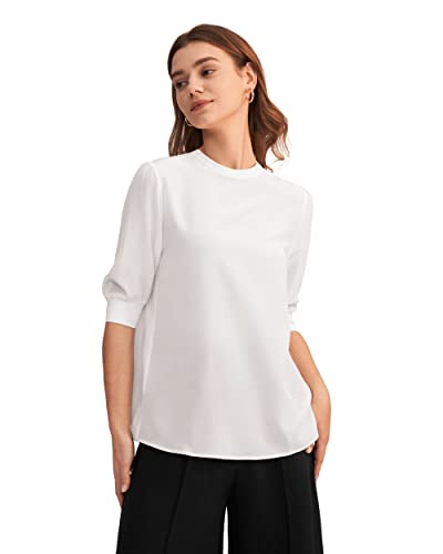 LilySilk Damen Reine Seidenshirt Damenbluse Klassische Bluse mit halbem Ärmel Damenmode Kurzarmbluse(Papyrusweiß,L) von LilySilk