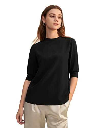 LilySilk Damen Reine Seidenshirt Damenbluse Klassische Bluse mit halbem Ärmel Damenmode Kurzarmbluse(Schwarz,L) von LilySilk