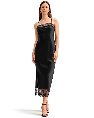 LilySilk Damen 22 Momme Seidenkleid mit Spitze Dekoration Frauen Träger Midi Maxi Seitenschlitz Abendkleid Mädchen Cocktailkleid aus Seide(Schwarz,34) von LilySilk