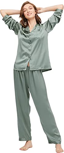 LilySilk Damen 100% Reiner Seide Pyjama-Set Frauen Luxus Langarm-Oberteil mit Knopfleiste und elastischer Unterteil-Loungewear-Schlafanzug(Avocadogrün,L) von LilySilk
