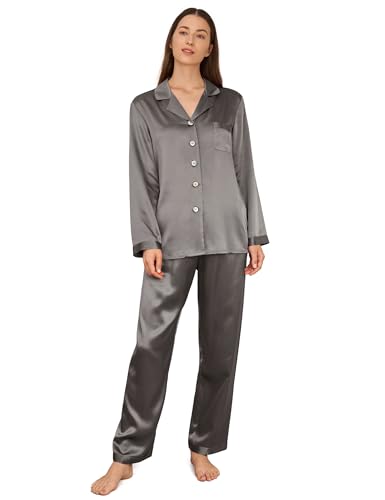 LilySilk Damen 100% Reiner Seide Pyjama-Set Frauen Luxus Langarm-Oberteil mit Knopfleiste und elastischer Unterteil-Loungewear-Schlafanzug(Grau,XL) von LilySilk