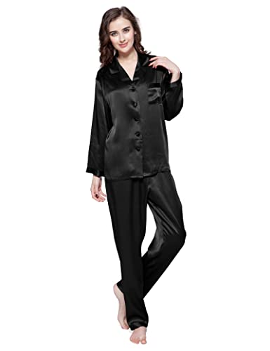 LilySilk Damen 100% Reiner Seide Pyjama-Set Frauen Luxus Langarm-Oberteil mit Knopfleiste und elastischer Unterteil-Loungewear-Schlafanzug(Schwarz,XS) von LilySilk