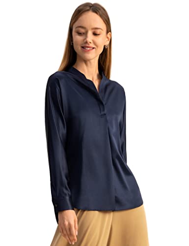 LilySilk Damen 22MM Reine Seide Hemd Damen Langarm Klassische Bluse mit dünner tonaler Taille Kordel leicht atmungsaktiv für Frühling Sommer Herbst(Dunkelblau,M) von LilySilk