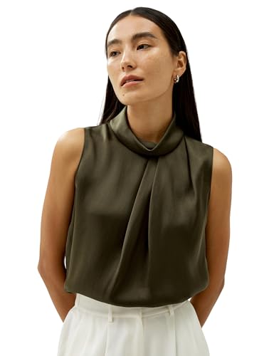 LilySilk Damen Asymmetrische Seidenbluse Ärmelloses Cowl-Neck-Top Schulterfaltendetail Business-Casual-Tauglichkeit im urbanen Stil(Dunkles Oliv,S) von LilySilk