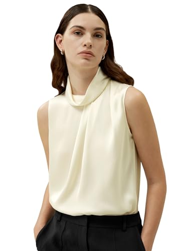 LilySilk Damen Asymmetrische Seidenbluse Ärmelloses Cowl-Neck-Top Schulterfaltendetail Business-Casual-Tauglichkeit im urbanen Stil(Lilienweiß,M) von LilySilk