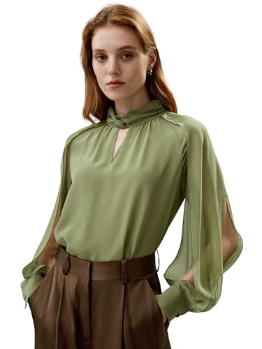 LilySilk Damen-Bluse aus Reiner Seide, Damenbluse Maulbeerseide Seitenschlitz Laternenärmel Hemd mit gebundenem Knotenausschnitt für mehrere Anlässe(Pistazie,S) von LilySilk