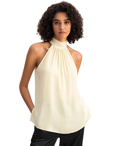 LilySilk Damen-Bluse aus Reiner Seide, Elegantes, ärmelloses Neckholder-Oberteil aus Georgette für Frühlings- und Sommerarbeiten, lässige Partys(Lilienweiß,34) von LilySilk