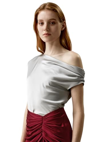 LilySilk Damen-Bluse aus Reiner Seide ärmelloses Oberteil aus Maulbeerseide mit U-Boot-Ausschnitt und Einer Schulter für jeden Anlass(Silber Grau,30) von LilySilk
