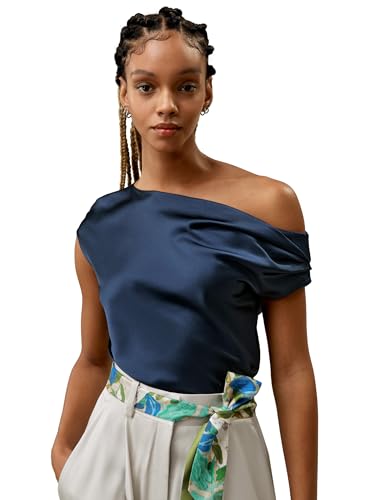 LilySilk Damen-Bluse aus Reiner Seide ärmelloses Oberteil aus Maulbeerseide mit U-Boot-Ausschnitt und Einer Schulter für jeden Anlass(Dunkel Blau,30) von LilySilk