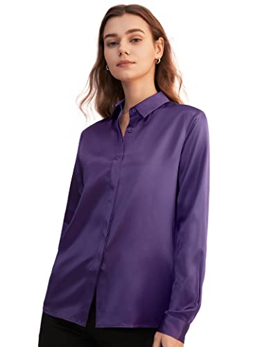 LilySilk Damen Hemdbluse Seide Elegant Sommerliche Damenbluse Shirt mit Verdeckter Knopfleiste von 22 Momme Oberteile Business Verpackung MEHRWEG(Violett,L) von LilySilk