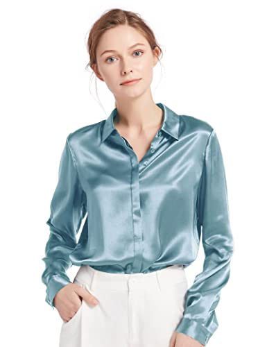 LilySilk Damen Hemdbluse Seide Sommerliche Damenbluse Shirt mit verdeckter Knopfleiste von 22 Momme Verpackung MEHRWEG Neblig L von LilySilk