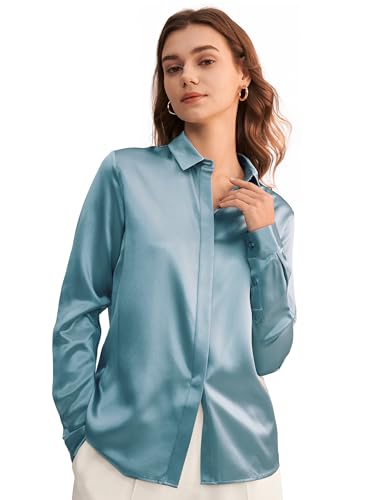 LilySilk Damen Hemdbluse Seide Sommerliche Damenbluse Shirt mit verdeckter Knopfleiste Verpackung MEHRWEG Neblig XL von LilySilk