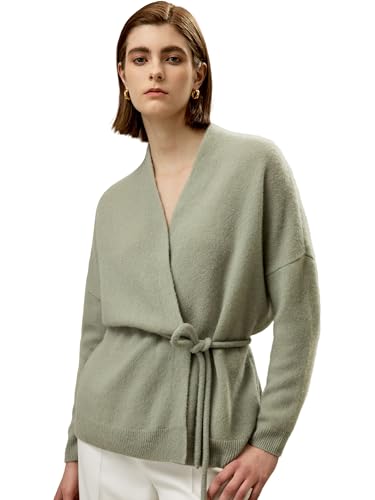 LilySilk Damen Lounge-Wickelstrickjacke aus Kaschmir-Seide-Mix entspannte Passform Wickel-Frontmantel für Herbst und Winter Loungewear(Wassergrün,XL) von LilySilk