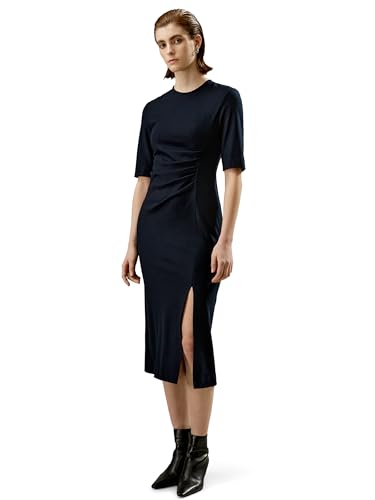 LilySilk Damen Merino-Wollkleid Slim fit Midi Pulloverkleid mit kurzen Ärmeln und Schlitz vorne für Urlaub Freizeit und Arbeit(Dunkel Blau,40) von LilySilk
