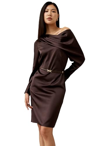 LilySilk Damen Off-Shoulder Midi-Kleid aus 100% Seide mit Langen Ärmeln und schmaler Passform für geschäftliche und gesellschaftliche Anlässe(Dunkler Kaffee,38) von LilySilk