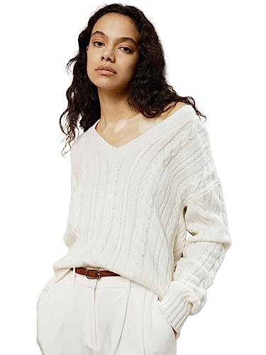 LilySilk Damen Oversize Pullover Drop-Schulter Premium Wolle Kaschmir V-Ausschnitt Cropped Pullover Kabel Strick Herbst Winter(Weiß,L von LilySilk