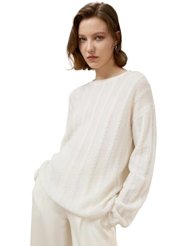 LilySilk Damen Oversized Pullover Drop-Shoulder 100% High-Premium Baby Kaschmir Kausal Kabel Strickpullover für Herbst(Weiß,L von LilySilk