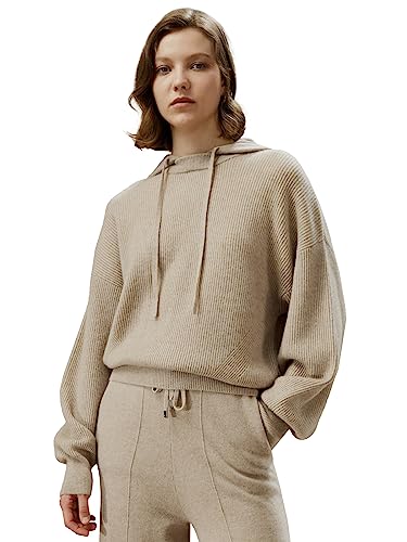 LilySilk Damen Pullover 100% Kaschmir Oversize Hoodie mit Abnehmbarer Kapuze für Herbst und Winter Kausalität(Beige,M von LilySilk