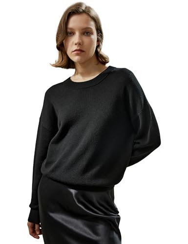 LilySilk Damen Pullover 100% Merinowolle Basic Herbst/Winter Jumper Sweater für Damen Mädchen Rundhalspullover(Schwarz,L) von LilySilk