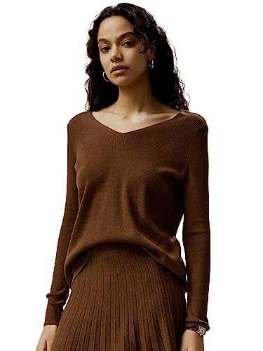 LilySilk Damen Pullover 100% Merinowolle Basic Oversized Herbst/Winter Jumper mit V-Ausschnitt kausal Relaxed Sweater(Karamell,S) von LilySilk