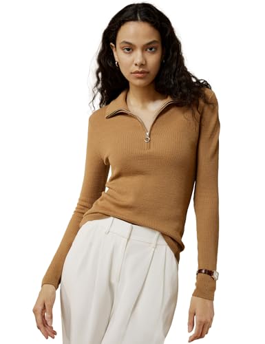 LilySilk Damen Pullover Merinowolle trendy Jumper Sweatshirt mit Reißverschluss Reverskragen Sommer Winter(Kamel,L) von LilySilk