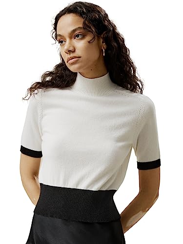 LilySilk Damen Pullover T-Shirt 100% Kaschmir Stricktop Kurze Ärmel mit Mock-Ausschnitt, kontrahierende Farben alle Jahreszeiten(Weiß,L von LilySilk