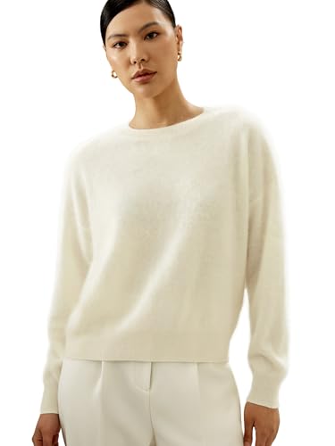 LilySilk Damen Pullover aus 100% Kaschmir entspannte Passform mit überschnittenen Schultern Rundhalsausschnitt Lange Ärmel Oversized(Weiß,M) von LilySilk