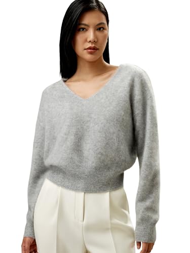 LilySilk Damen Pullover aus 100% Kaschmir kurz geschnitten mit V-Ausschnitt und tailliertem Design Warmer Pullover für Herbst und Winter(Hellgrau,M) von LilySilk