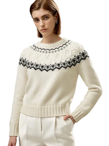 LilySilk Damen Pullover aus Kaschmir-Woll-Mix Weihnachtsstrickpullover mit Fair Isle-Muster Rundhalsausschnitt Lange Ärmel Warmer gestrickter Pullover für den Winter(Faire Insel,S) von LilySilk