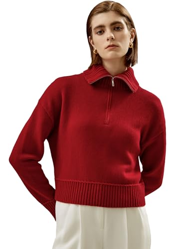 LilySilk Damen Pullover aus Woll-Kaschmir-Mix mit Revers entspannt geschnittene gestrickte Oberteil mit überschnittenen Schultern(Rot,XS) von LilySilk