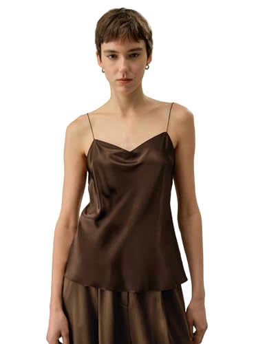 LilySilk Damen Quadratisches Cowl-Neck Seidentop Spaghettiträger Design Schlichte Unterziehbluse für Layering-Kreationen(Schokolade,L) von LilySilk