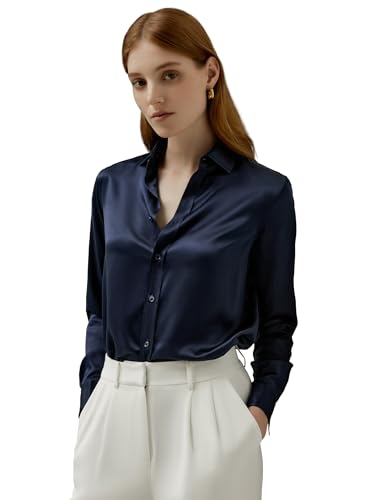 LilySilk Damen Reine Seide Hemd Frauen ungefärbte natürliche Seide Blusen Mädchen Klassische Basic Stil Langarmshirt für Arbeit Casual tägliche Kleidung(Dunkel Blau,M) von LilySilk