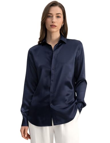 LilySilk Damen Reine Seide Hemd Frauen 22MM ungefärbte natürliche Seide Blusen Mädchen Klassische Basic Stil Langarmshirt für Arbeit Casual tägliche Kleidung(Dunkel Blau,XL) von LilySilk