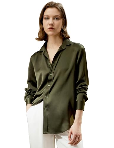 LilySilk Damen Reine Seide Hemd Frauen ungefärbte natürliche Seide Blusen Mädchen Klassische Basic Stil Langarmshirt für Arbeit Casual tägliche Kleidung(Dunkles Oliv,L) von LilySilk