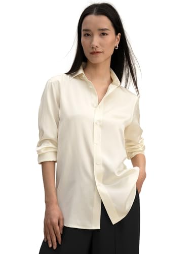 LilySilk Damen Reine Seide Hemd Frauen 22MM ungefärbte natürliche Seide Blusen Mädchen Klassische Basic Stil Langarmshirt für Arbeit Casual tägliche Kleidung(Lilie weiß,L) von LilySilk