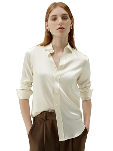 LilySilk Damen Reine Seide Hemd Frauen ungefärbte natürliche Seide Blusen Mädchen Klassische Basic Stil Langarmshirt für Arbeit Casual tägliche Kleidung(Lilie weiß,S) von LilySilk