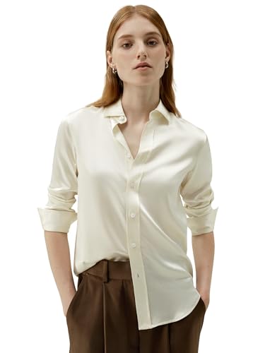 LilySilk Damen Reine Seide Hemd Frauen 22MM ungefärbte natürliche Seide Blusen Mädchen Klassische Basic Stil Langarmshirt für Arbeit Casual tägliche Kleidung(Lilie weiß,S) von LilySilk