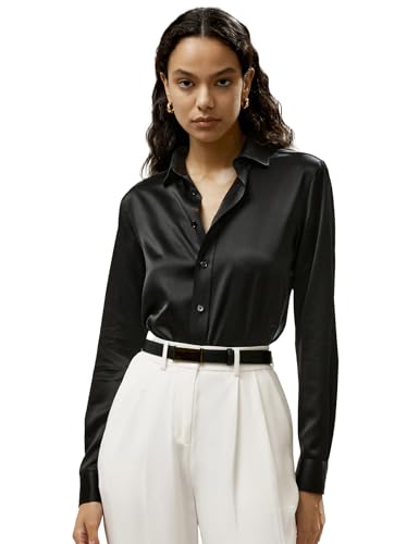 LilySilk Damen Reine Seide Hemd Frauen ungefärbte natürliche Seide Blusen Mädchen Klassische Basic Stil Langarmshirt für Arbeit Casual tägliche Kleidung(Schwarz,XXL) von LilySilk