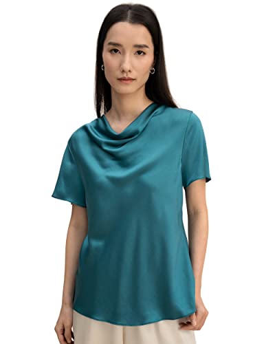 LilySilk Damen Reine Seide Hemd Frauen 22mm Sommer Bluse mit Haubenhals und kurzen Ärmeln Mädchen Puli Top für lässigen täglichen Gebrauch(Adriablau,L) von LilySilk