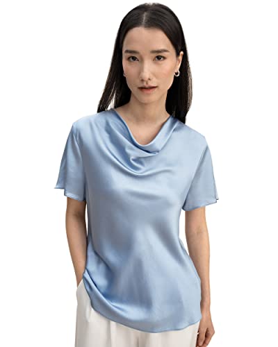 LilySilk Damen Reine Seide Hemd Frauen 22mm Sommer Bluse mit Haubenhals und kurzen Ärmeln Mädchen Puli Top für lässigen täglichen Gebrauch(Himmelblau,L) von LilySilk