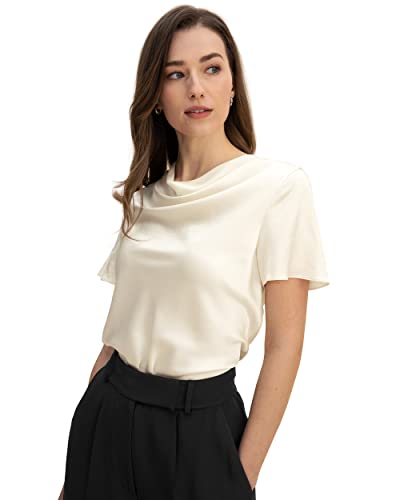 LilySilk Damen Reine Seide Hemd Frauen Sommer Bluse mit Haubenhals und kurzen Ärmeln Mädchen Puli Top für lässigen täglichen Gebrauch(Lilie weiß,L) von LilySilk