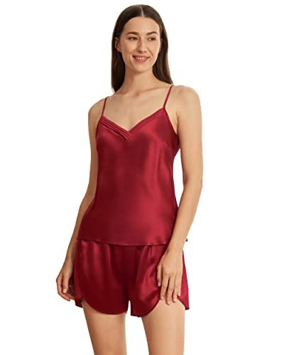 LilySilk Damen Reine Seide Pyjama Set Frauen Camisole Set mit doppellagigen Shorts Mädchen lässige Loungewear Nachtwäsche 2pcs Set(Rotwein,L) von LilySilk