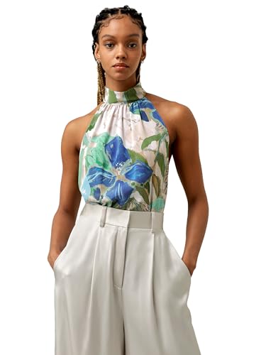 LilySilk Damen Reine Seidenbluse, ärmelloses Halftertop aus Crêpe de Chine mit Blumendruck für Urlaubspartys(Ölgemälde Blumenmuster,30) von LilySilk