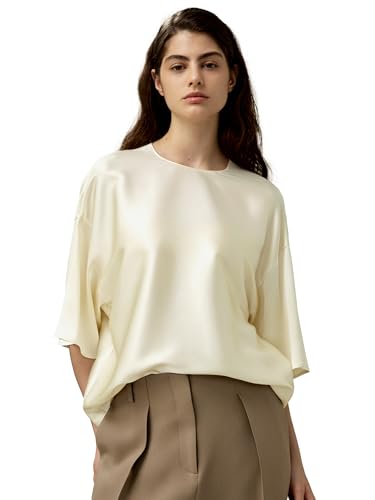 LilySilk Damen Reine Seidenbluse 32MM Doppelgewebte Seide Basic Top Mit 3/4-Ärmeln und Rundhalsausschnitt Für Urlaub Arbeit Lässig(Lilienweiß,XL) von LilySilk