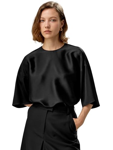 LilySilk Damen Reine Seidenbluse 32MM Doppelgewebte Seide Basic Top Mit 3/4-Ärmeln und Rundhalsausschnitt Für Urlaub Arbeit Lässig(Schwarz,S) von LilySilk